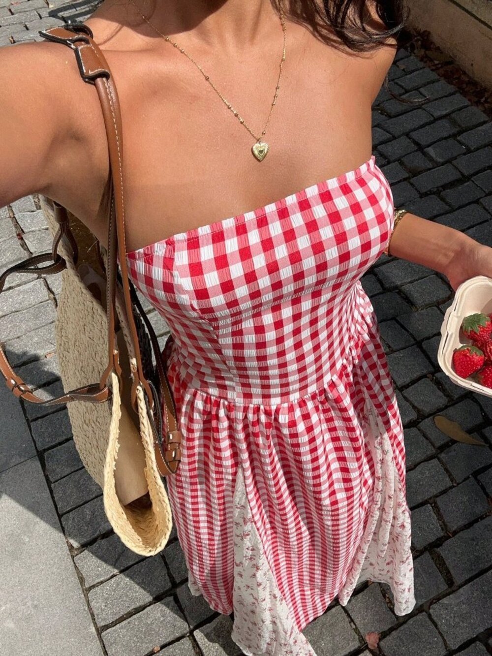 Women's Plaid & Floral Patchwork Strapless  Cinched Waist Backless maxi Dress - Picture 4 of 6